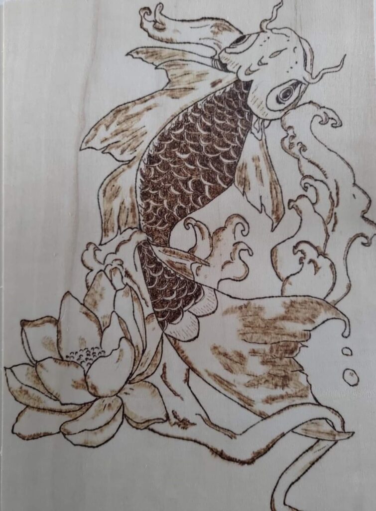 Carpe chinoise avec fleur de nénuphar- Portrait A4