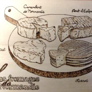 Planche portrait A4, pyrogravure des fromages normandes AOP